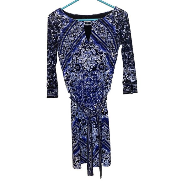 White House Black Market Blue/Black Floral Keyhole Neck Belted Dress Size XXS - Picture 3 of 11